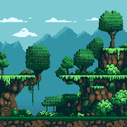 A 2D game with trees and grass.