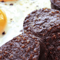 A cooked black sausage next to a fried egg for a full english break.