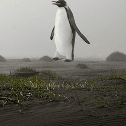 A giant penguin, badly photoshopped onto a beach.