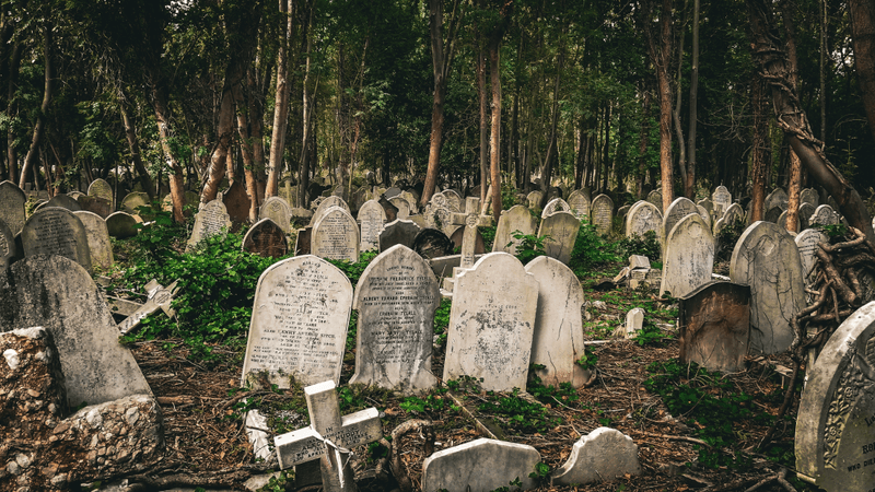 tombstones packed close together in a graveyard