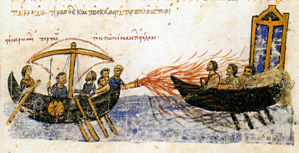 an old illustration demonstration how greek fire worked on water