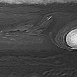 The GRS looks very bright and white in this black and white infrared view of jupiter equatorial plane