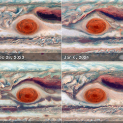 Eight Hubble images showing Jupiter's Great Red Spot. The GRS appears as a bright red oval in the middle of cream-colored cloud bands. The images trace changes in the GRS's size, shape, brightness, color, and twisting sometimes looking thinner and other times thicker