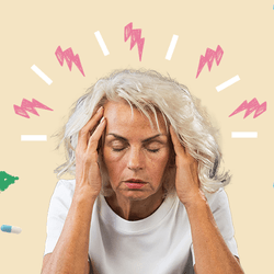 collage representing headache: woman in pain with hands on head (centre), bottle of water, cup of coffee, model of a brain, pain medication