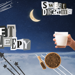 collage: background is the night sky, cutouts of a sleep mask, cherry drink, valerian root, a glass of milk, and the phrases 'get sleepy' and 'sweet dreams'