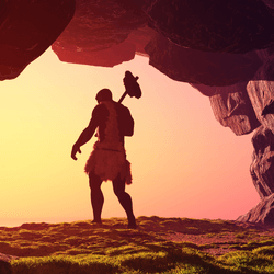 Illustration of an early human leaving a cave into the orange sunset.