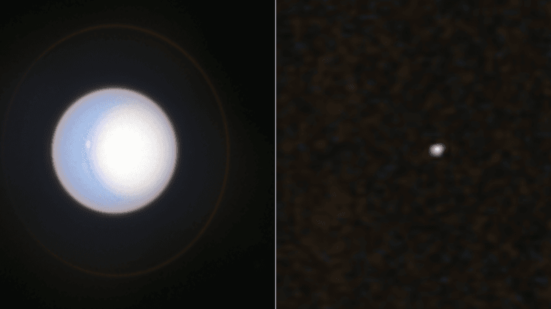 Uranus on the left is clearly visible with a little storm and a ring distinguishable in the hubble observations. The new horizons image is just a few dots