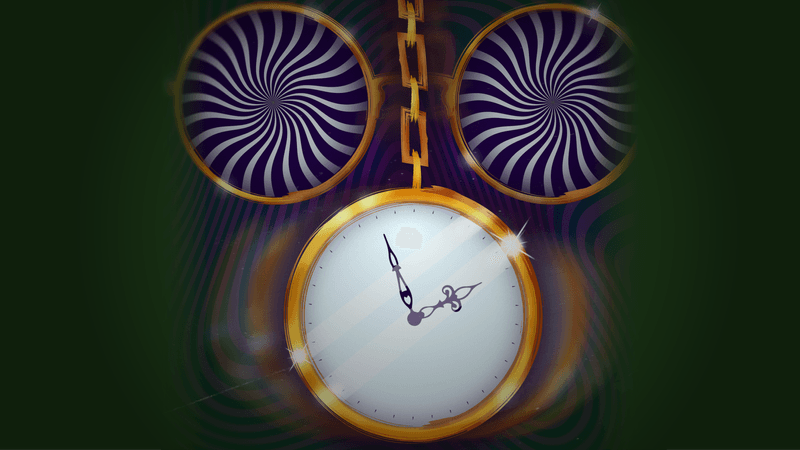 swinging pendulum clock, with two swirling optical illusions above