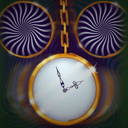 swinging pendulum clock, with two swirling optical illusions above