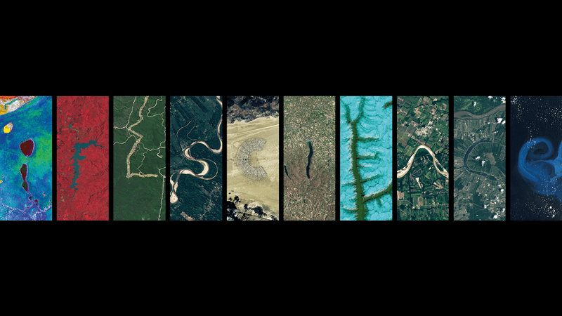 The letters for IFLScience spelt out in brightly colored satelittle images of lakes and rivers.