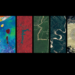 The letters for IFLScience spelt out in brightly colored satelittle images of lakes and rivers.