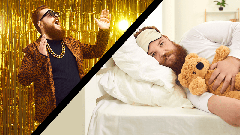 man with red hair and beard dancing against a wall of gold streamers, wearing sunglasses, a gold chain and a leopard print blazer; there is a diagonal black line dividing the image from top right to bottom left, and on the other side the same man lies in bed facing the camera, wearing white PJs and a sleeping mask and holding a teddy