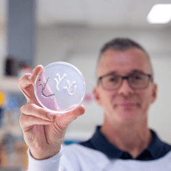 Professor James St John holding bridges made of millions of nerve cells molded to fit a specific individual's spinal injury.