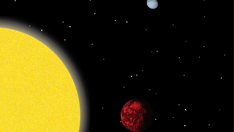 The planets and star seen as three partial disks. A yello one for the star, a red one for the innermost, and small striped blue one for the one far away.