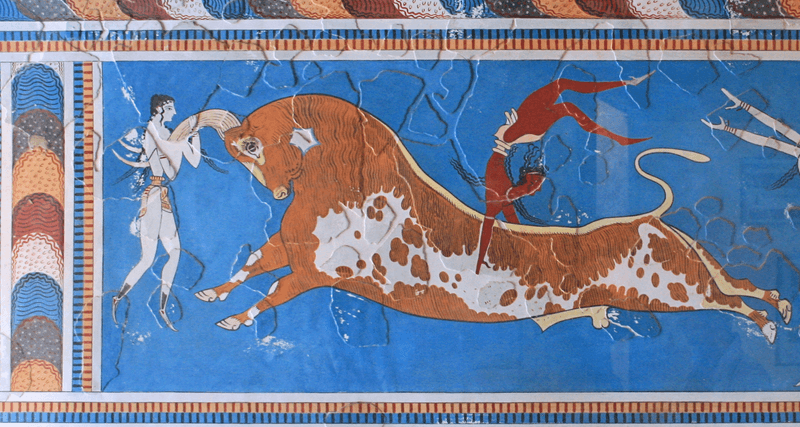 The Bull-Leaping-Fresco from the Great Palace at Knossos in Crete, built by the Minoans.