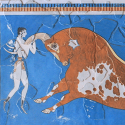 The Bull-Leaping-Fresco from the Great Palace at Knossos in Crete, built by the Minoans.