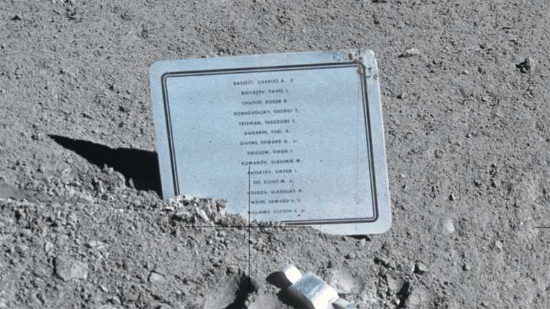 A plaque on the Moon commemorating fallen astronauts and cosmonauts. 