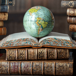 A globe on top of a pile of books.