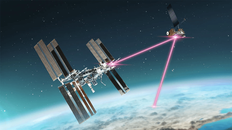 Illustration of a laser going from the ISS to Earth.