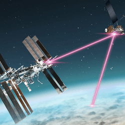 Illustration of a laser going from the ISS to Earth.