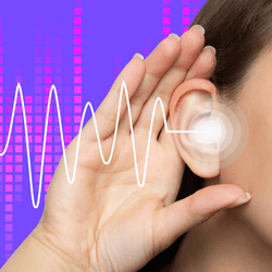 The photo shows the side of a woman's head and her hand cupped around he ear to suggest she is listening to something. There is a white wavy line travelling towards her ear and a patten made of columns of red squares behind it to suggest she is hearing a frequency. The image is set to a purple background.