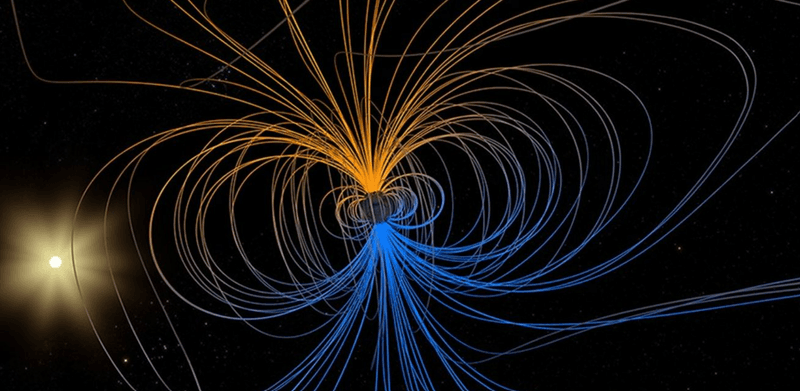 An illustration of Earth's magnetic pole fields with the Sun chilling out in the background.