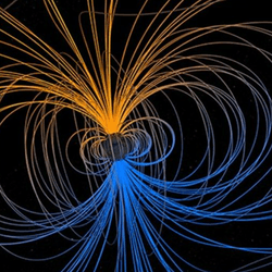 An illustration of Earth's magnetic pole fields with the Sun chilling out in the background.