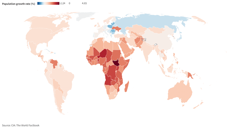 world map colored according to population growth rates in different countries