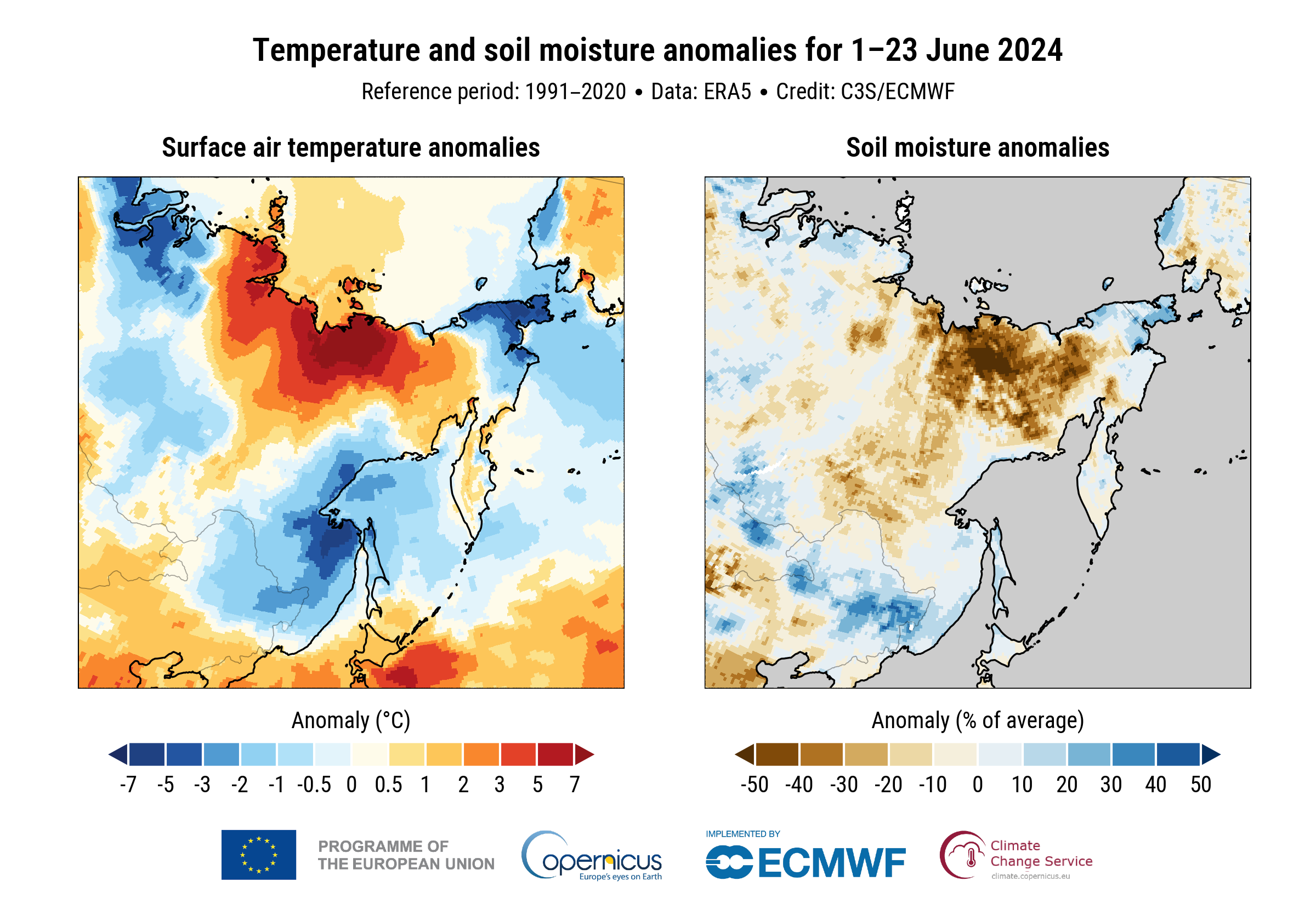 Surface temperature anomalies (left) and soil moisture anomalies (right) over Siberia for 1-23 June. 