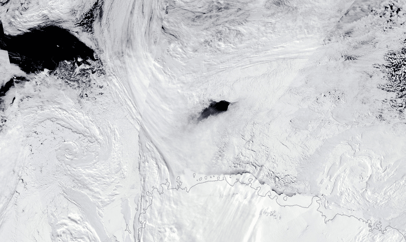 The Maud Riose Polynya as seen from space, when the ice was solid all around, but salt transport created open water.