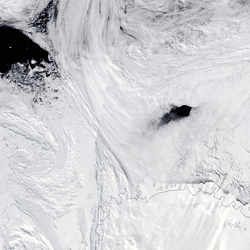 The Maud Riose Polynya as seen from space, when the ice was solid all around, but salt transport created open water.