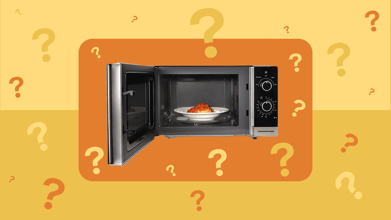 microwave oven with the door open and a plate of spaghetti inside, on an orange square set on a yellow background divided horizontally into two panels. The top panel is a paler yellow and the bottom panel is darker, and the whole image is covered in yellow and orange question marks