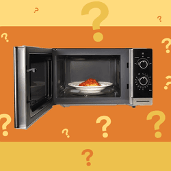 microwave oven with the door open and a plate of spaghetti inside, on an orange square set on a yellow background divided horizontally into two panels. The top panel is a paler yellow and the bottom panel is darker, and the whole image is covered in yellow and orange question marks