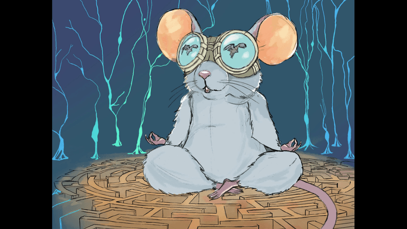 artist's impression of a mouse wearing a VR headset, cartoon mouse sitting cross legged on a maze wearing goggles showing a bird