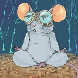 artist's impression of a mouse wearing a VR headset, cartoon mouse sitting cross legged on a maze wearing goggles showing a bird