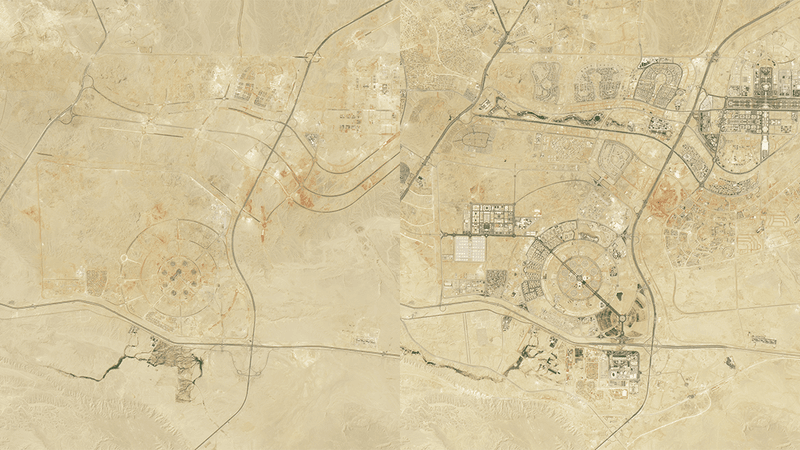 satellite image of egypt's new administrative capital in 2017 (left) and 2024 (right)