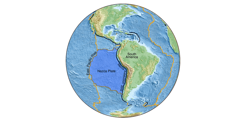 The Nazca Plate has interesting tectonic activity at both ends today, and beneath there is an ancient remnant of a dinosaur-era subduction event.