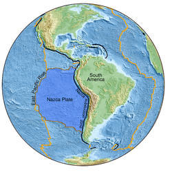 The Nazca Plate has interesting tectonic activity at both ends today, and beneath there is an ancient remnant of a dinosaur-era subduction event.