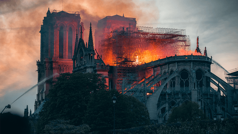 Notre Dame burning.