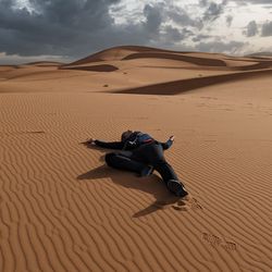 Photograph of person sprawled on their back in a sandy desert