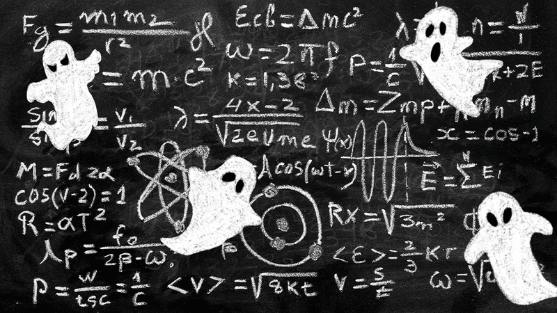 Physics formulae and ghosts drawn on a blackboard