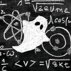 Physics formulae and ghosts drawn on a blackboard