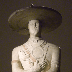 A limestone statue of a Picene warrior, dated to around the 6th century BCE. at the Chieti Museum in Italy