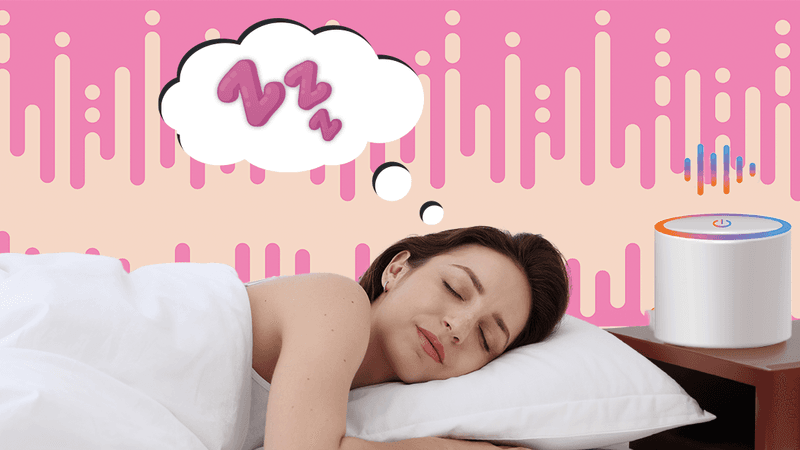 woman sleeping against backdrop of pink and yellow soundwaves; there is a smart speaker next to her and she has a thought bubble containing pink letter Zs