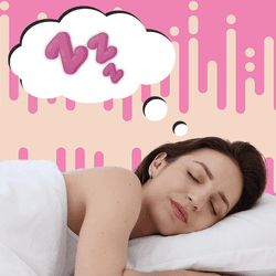 woman sleeping against backdrop of pink and yellow soundwaves; there is a smart speaker next to her and she has a thought bubble containing pink letter Zs