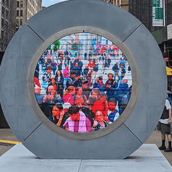 A livestream of Dublin on a circular screen in New York.