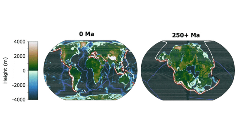 Present data geography of today’s Earth and the geography of Earth in 250 million years