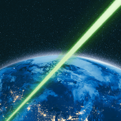 A laser beam hits earth from space, conveying a message to NASA from the Psyche spacecraft