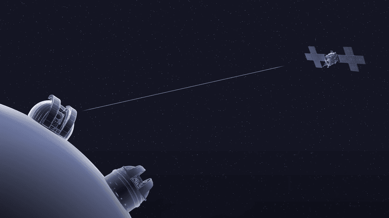 NASA’s Psyche spacecraft is depicted receiving a laser signal from two observatories on Earth. Nothing is to scale and everything is in a grey scale