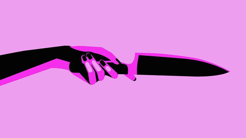 An illustration showing aclearly female hand holding a sharp knife to idicute female psychopathy